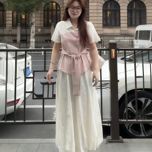 Plus-Size Women's Faux Two-Piece Spliced Top and Flower Bud Skirt Set - Elegant Slim-Fit Summer Fashion