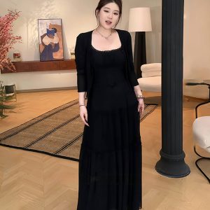 Plus-Size Women's French-Style Pleated Camisole Dress with Long Sleeve Cardigan Set - Summer Cover-Up for Curvy Fashion