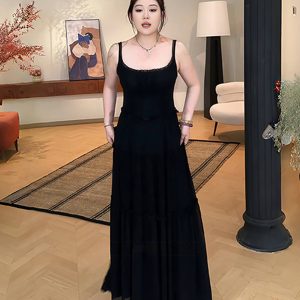 Plus-Size Women's French-Style Pleated Camisole Dress with Long Sleeve Cardigan Set - Summer Cover-Up for Curvy Fashion