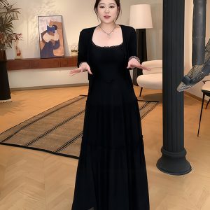 Plus-Size Women's French-Style Pleated Camisole Dress with Long Sleeve Cardigan Set - Summer Cover-Up for Curvy Fashion