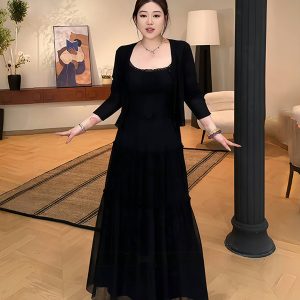 Plus-Size Women's French-Style Pleated Camisole Dress with Long Sleeve Cardigan Set - Summer Cover-Up for Curvy Fashion