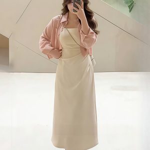 Plus-Size Women's French-Style Pleated Waist Camisole Dress & Cover-Up Set - Slimming Summer Fashionable Two-Piece for Curvy Style