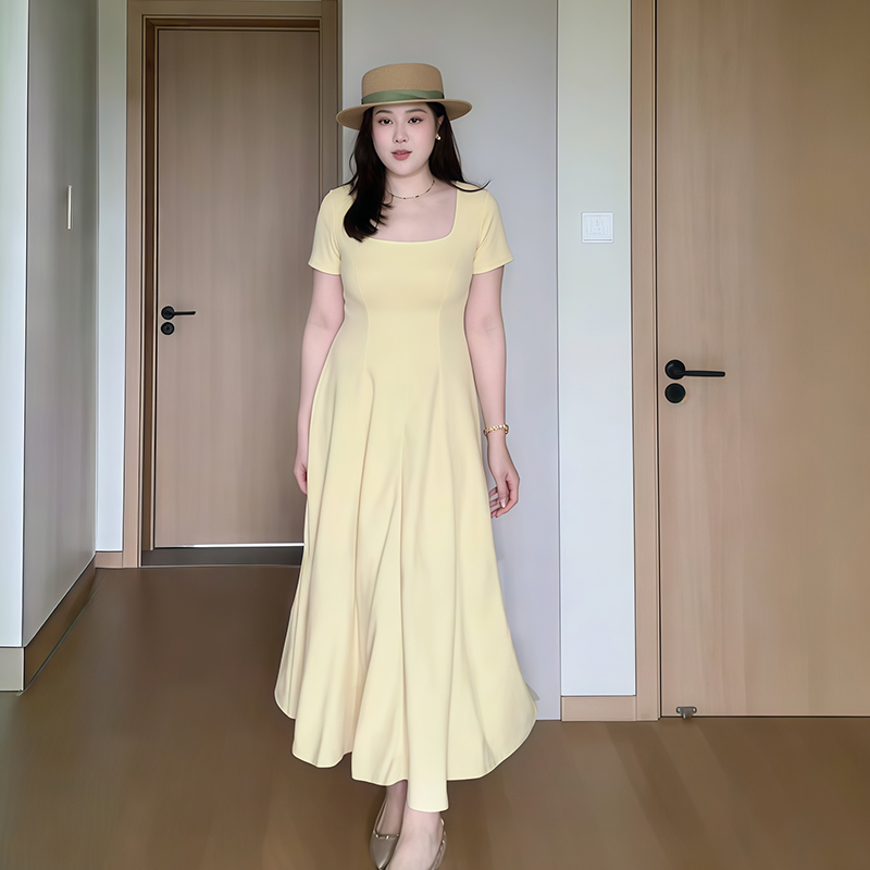 Plus-Size Women's French-Style Square-Neck Short Sleeve Dress - Flattering A-Line Design for Curvy Figures - Summer Essential