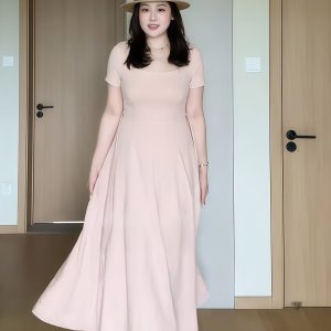 Plus-Size Women's French-Style Square-Neck Short Sleeve Dress - Flattering A-Line Design for Curvy Figures - Summer Essential