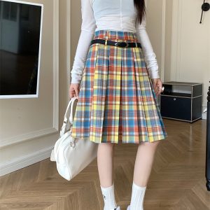 Plus Size Women's High-Waisted A-Line Colorful Plaid Pleated Skirt - Retro Checkered Mid-Length Style