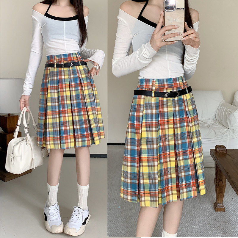 Plus Size Women's High-Waisted A-Line Colorful Plaid Pleated Skirt - Retro Checkered Mid-Length Style