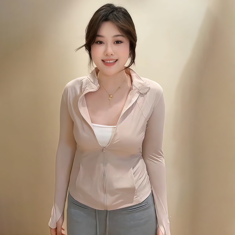 Plus-Size Women's Hooded Yoga Jacket, Stand-Collar Sun Protection, Slim Fit Summer Style 2025 for Curvy Women