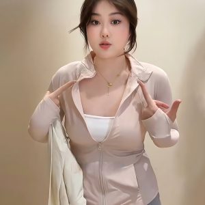 Plus-Size Women's Hooded Yoga Jacket, Stand-Collar Sun Protection, Slim Fit Summer Style 2025 for Curvy Women