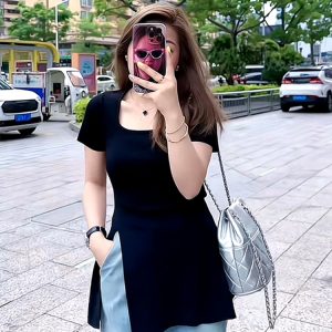 Plus Size Women's Ice Silk Side-Slit T-Shirt - Slimming Knitted Summer Top for Chubby Figures, Versatile and Stylish