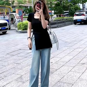 Plus Size Women's Ice Silk Side-Slit T-Shirt - Slimming Knitted Summer Top for Chubby Figures, Versatile and Stylish