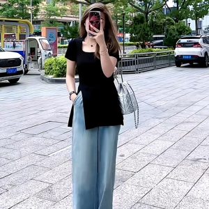 Plus Size Women's Ice Silk Side-Slit T-Shirt - Slimming Knitted Summer Top for Chubby Figures, Versatile and Stylish