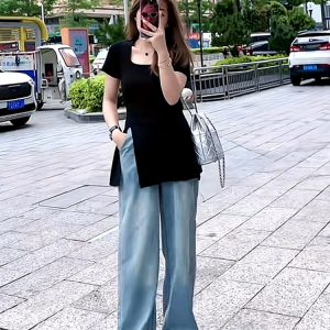 Plus Size Women's Ice Silk Side-Slit T-Shirt - Slimming Knitted Summer Top for Chubby Figures, Versatile and Stylish