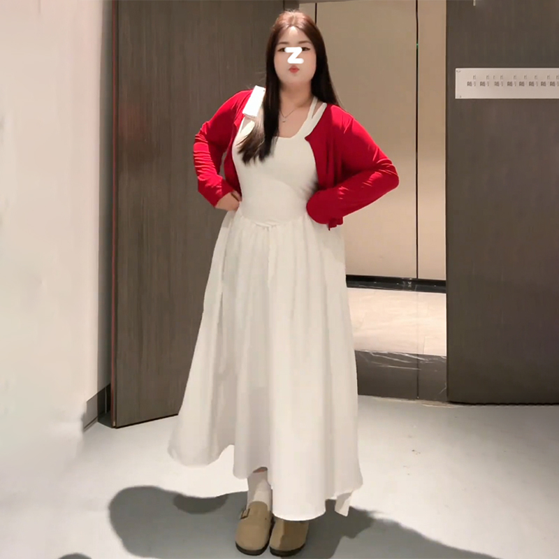 Plus-Size Women's Korean-Style Camisole Dress and Knitted Cardigan Set - 2025 Early Spring Collection