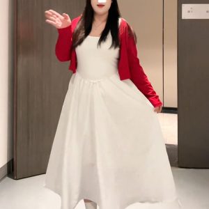 Plus-Size Women's Korean-Style Camisole Dress and Knitted Cardigan Set - 2025 Early Spring Collection