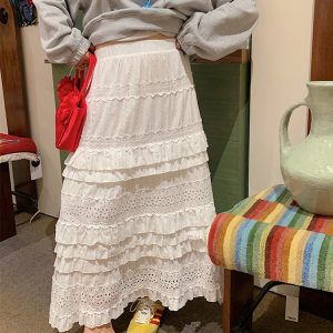 Plus Size Women's Lace Cake Skirt - Mid-Length White Skirt for Spring & Autumn, Stylish Half-Length Design