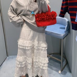 Plus Size Women's Lace Cake Skirt - Mid-Length White Skirt for Spring & Autumn, Stylish Half-Length Design