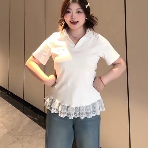 Plus-Size Women's Lace Patchwork Bow Short-Sleeve T-Shirt - Summer Sweet Slimming Lapel Top for Curvy Girls