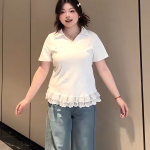 Plus-Size Women's Lace Patchwork Bow Short-Sleeve T-Shirt - Summer Sweet Slimming Lapel Top for Curvy Girls