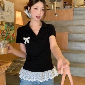 Plus-Size Women's Lace Patchwork Bow Short-Sleeve T-Shirt - Summer Sweet Slimming Lapel Top for Curvy Girls