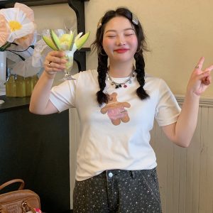 Plus Size Women's Little Bear Short Sleeve T-Shirt - 2025 New White Base Layer Top, Casual Korean Style Fashion