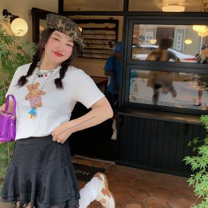 Plus Size Women's Little Bear Short Sleeve T-Shirt - 2025 New White Base Layer Top, Casual Korean Style Fashion