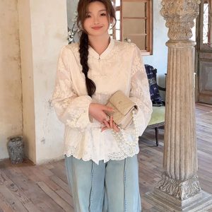 Plus Size Women's Long Sleeve Button-Up Shirt, High-End Embroidered Chinese Style, Flattering Curvy Fit, Elegant Temperament Top