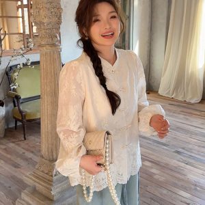 Plus Size Women's Long Sleeve Button-Up Shirt, High-End Embroidered Chinese Style, Flattering Curvy Fit, Elegant Temperament Top