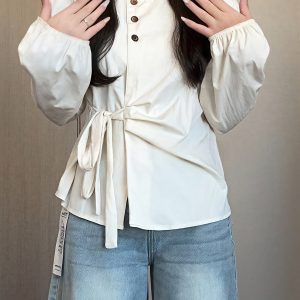 Plus-Size Women's Long Sleeve Shirt - French Design, Irregular Waist, Flattering Spring Top for Curvy Figures, Chic Fashion.