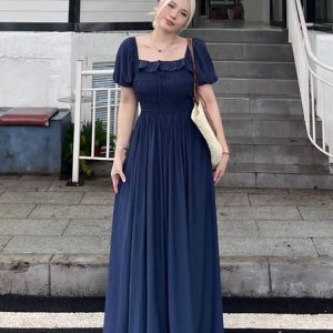 Plus-Size Women's Long Summer Dress with Slimming Effect, French Style Square Neck and Puff Sleeves, Elegant Curvy Fashion