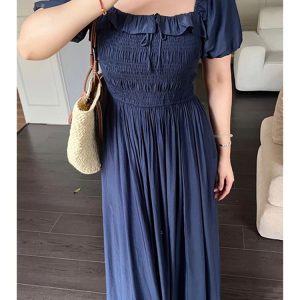 Plus-Size Women's Long Summer Dress with Slimming Effect, French Style Square Neck and Puff Sleeves, Elegant Curvy Fashion