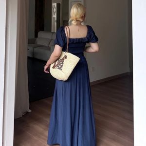 Plus-Size Women's Long Summer Dress with Slimming Effect, French Style Square Neck and Puff Sleeves, Elegant Curvy Fashion
