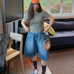 Plus Size Women's Loose Denim Shorts - Summer 2025 Slimming Five-Point Style for Casual Y2K Vibe
