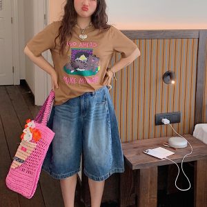 Plus Size Women's Loose Denim Shorts - Summer 2025 Slimming Five-Point Style for Casual Y2K Vibe