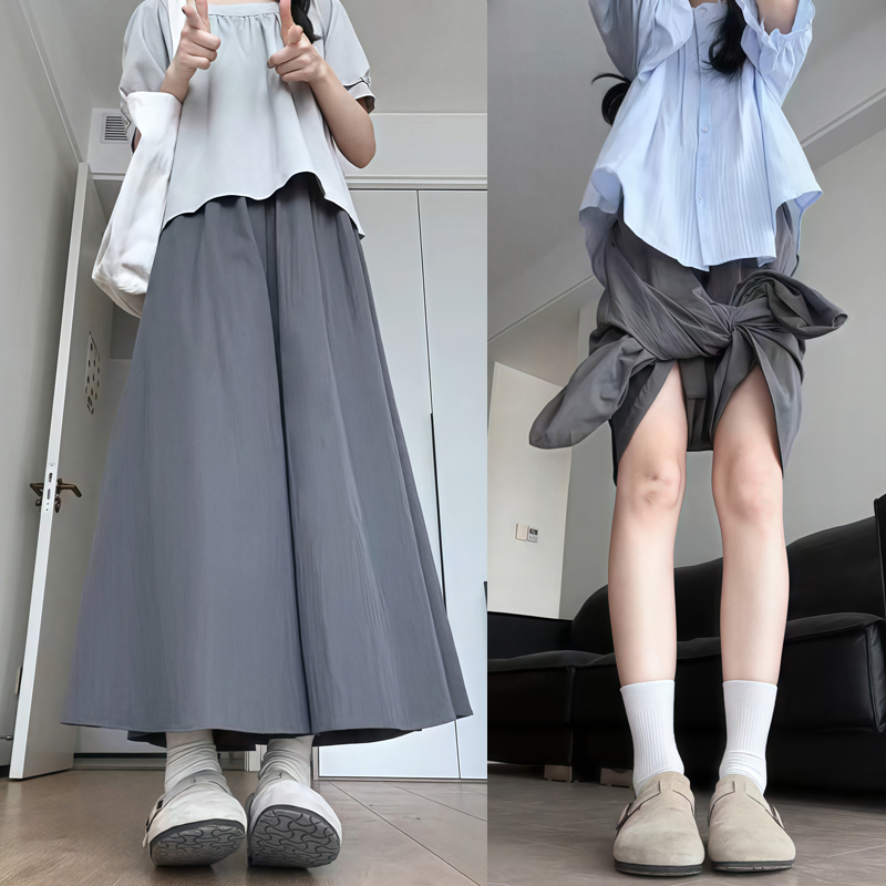 Plus Size Women's Loose Wide-Leg Skirt Pants with Elastic Waist - Summer 2025 Gray Fashionable Y2K Style