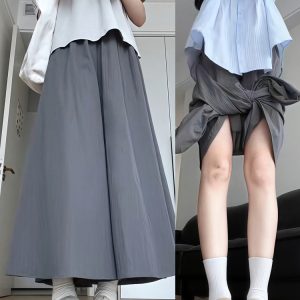 Plus Size Women's Loose Wide-Leg Skirt Pants with Elastic Waist - Summer 2025 Gray Fashionable Y2K Style