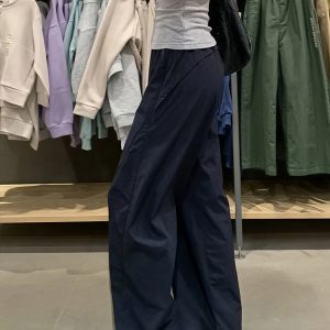 Plus Size Women's Navy Blue Quick-Dry Wide-Leg High-Waisted Cargo Pants - Loose Fit Summer Style