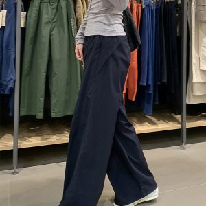 Plus Size Women's Navy Blue Quick-Dry Wide-Leg High-Waisted Cargo Pants - Loose Fit Summer Style