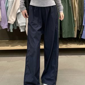 Plus Size Women's Navy Blue Quick-Dry Wide-Leg High-Waisted Cargo Pants - Loose Fit Summer Style
