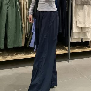 Plus Size Women's Navy Blue Quick-Dry Wide-Leg High-Waisted Cargo Pants - Loose Fit Summer Style