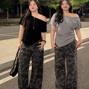 Plus Size Women's Off-Shoulder Short Sleeve T-Shirt - Summer Slimming Irregular Top, Tummy-Covering, Waist-Cinching Style