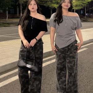Plus Size Women's Off-Shoulder Short Sleeve T-Shirt - Summer Slimming Irregular Top, Tummy-Covering, Waist-Cinching Style