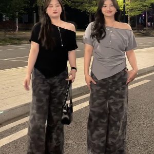 Plus Size Women's Off-Shoulder Short Sleeve T-Shirt - Summer Slimming Irregular Top, Tummy-Covering, Waist-Cinching Style