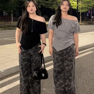 Plus Size Women's Off-Shoulder Short Sleeve T-Shirt - Summer Slimming Irregular Top, Tummy-Covering, Waist-Cinching Style