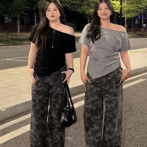 Plus Size Women's Off-Shoulder Short Sleeve T-Shirt - Summer Slimming Irregular Top, Tummy-Covering, Waist-Cinching Style