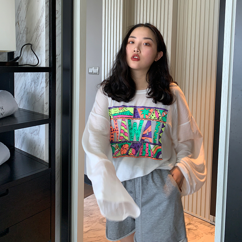 Plus Size Women's Printed Long Sleeve Sun Protection T-Shirt - Summer 2025 Loose Slimming Style in White - Trendy and Comfortable