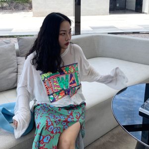 Plus Size Women's Printed Long Sleeve Sun Protection T-Shirt - Summer 2025 Loose Slimming Style in White - Trendy and Comfortable