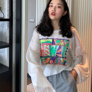 Plus Size Women's Printed Long Sleeve Sun Protection T-Shirt - Summer 2025 Loose Slimming Style in White - Trendy and Comfortable