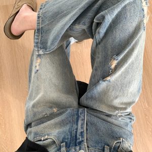 Plus-Size Women's Ripped Wide Leg Jeans for Pear-Shaped Bodies, Loose Straight Fit, Casual Y2K Style