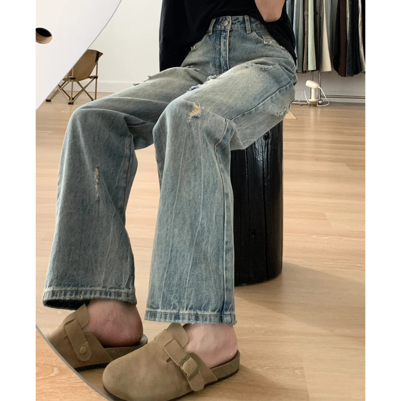 Plus-Size Women's Ripped Wide Leg Jeans for Pear-Shaped Bodies, Loose Straight Fit, Casual Y2K Style