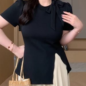 Plus-Size Women's Short Sleeve Irregular Split T-Shirt - Trendy Summer Top for Curvy Figures